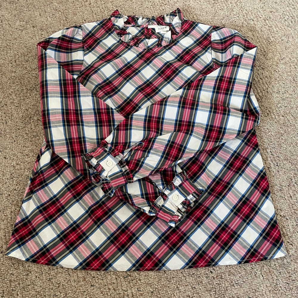 JCREW NWT Ruffle necked plaid blouse